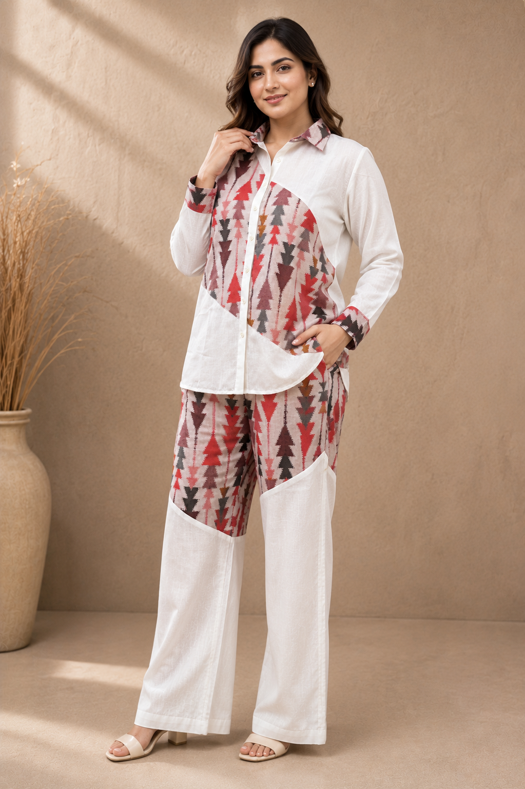 Pink Color ikkat Print Linen Co-Ord Set For Women