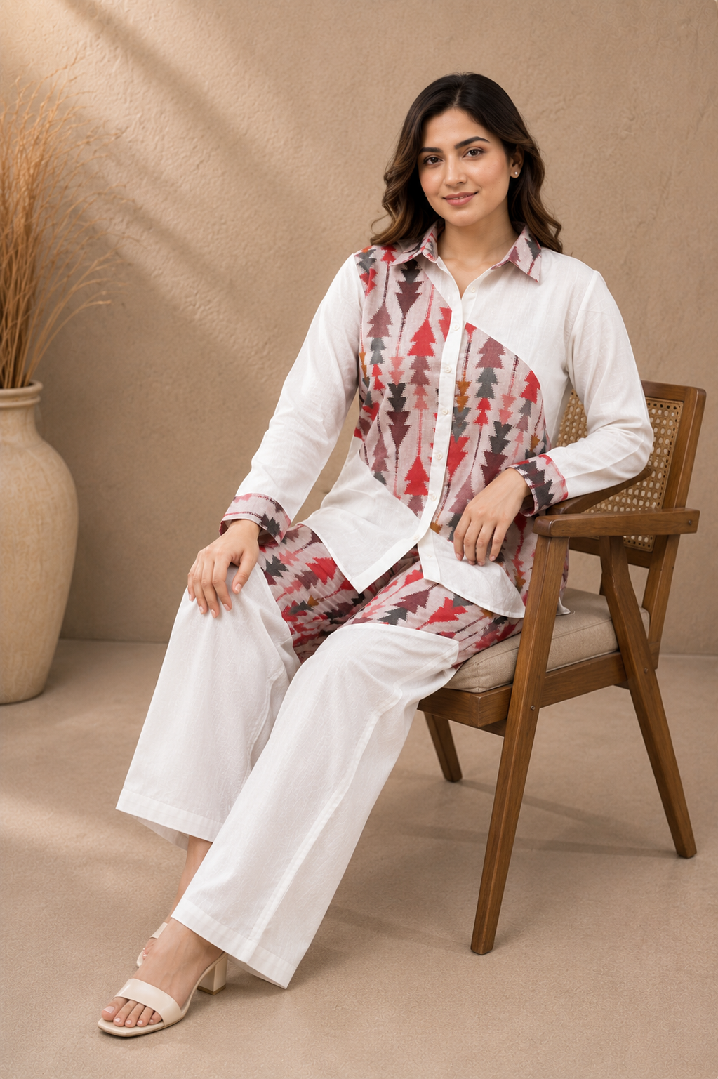 Pink Color ikkat Print Linen Co-Ord Set For Women