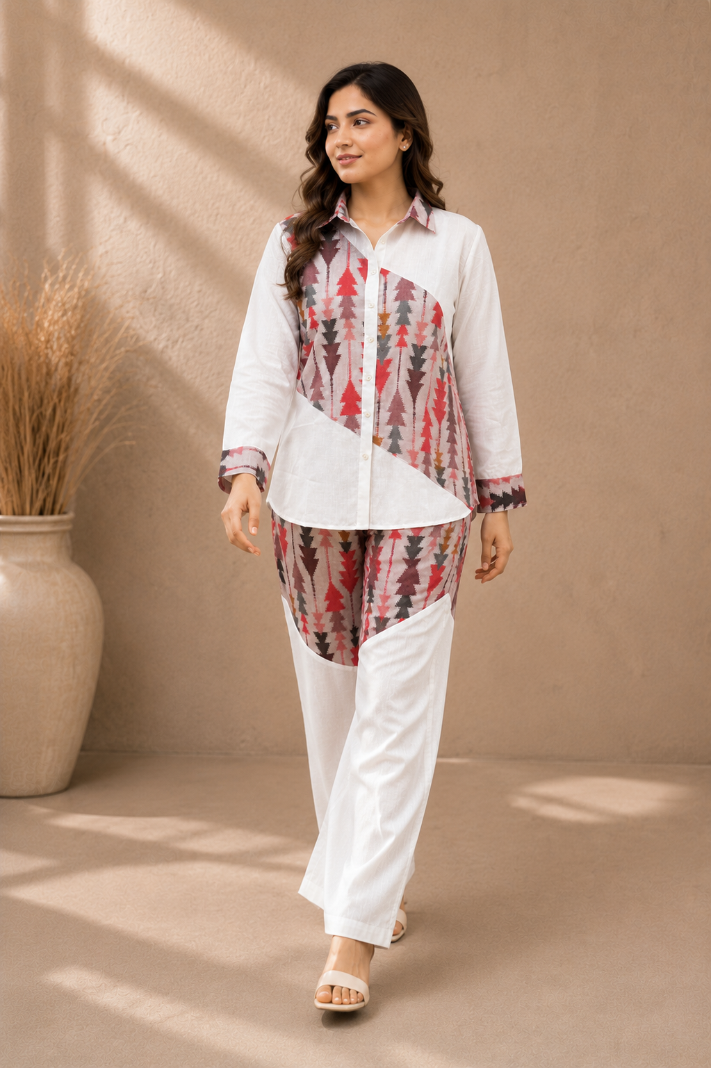 Pink Color ikkat Print Linen Co-Ord Set For Women