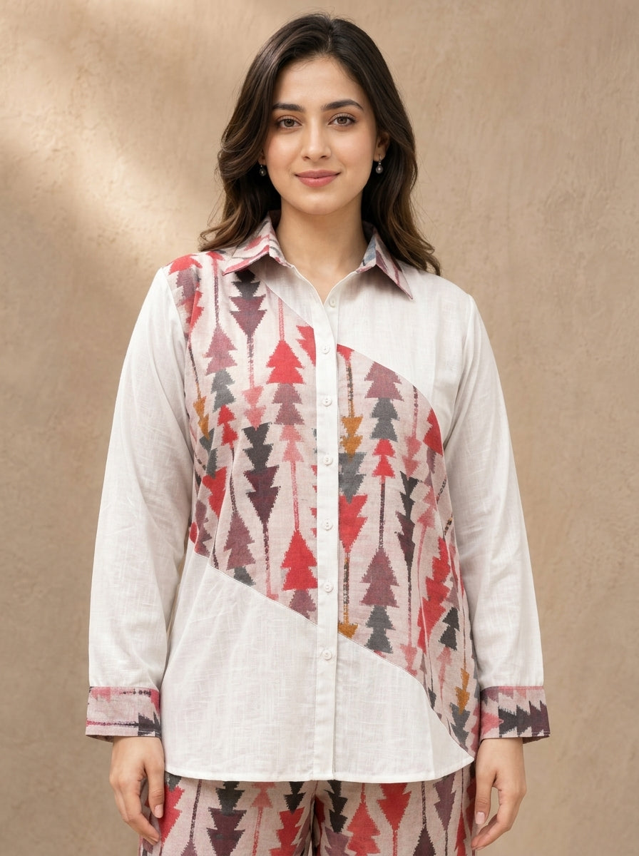 Pink Color ikkat Print Linen Shirt For Women
