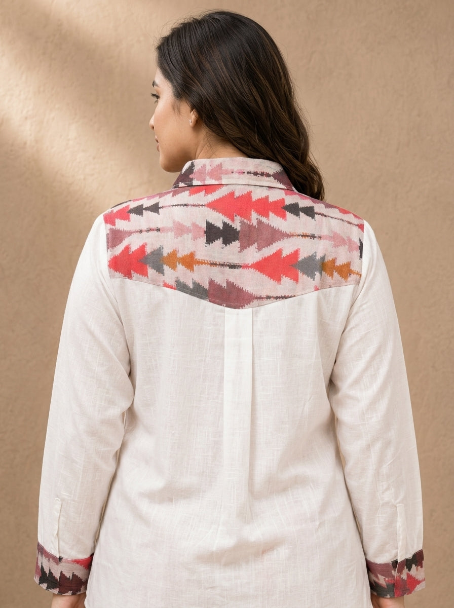 Pink Color ikkat Print Linen Shirt For Women