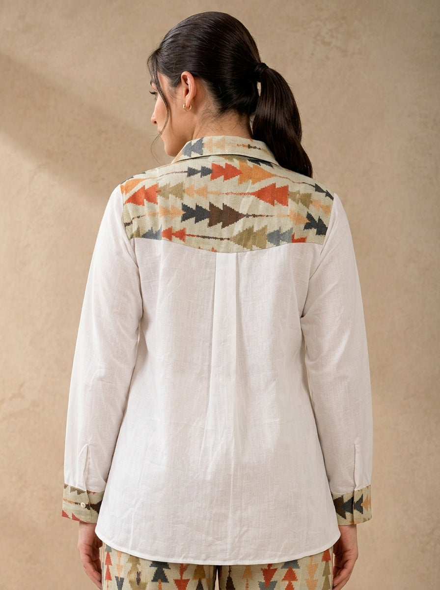 Pista Color Ikkat Print Linen Shirt For Women