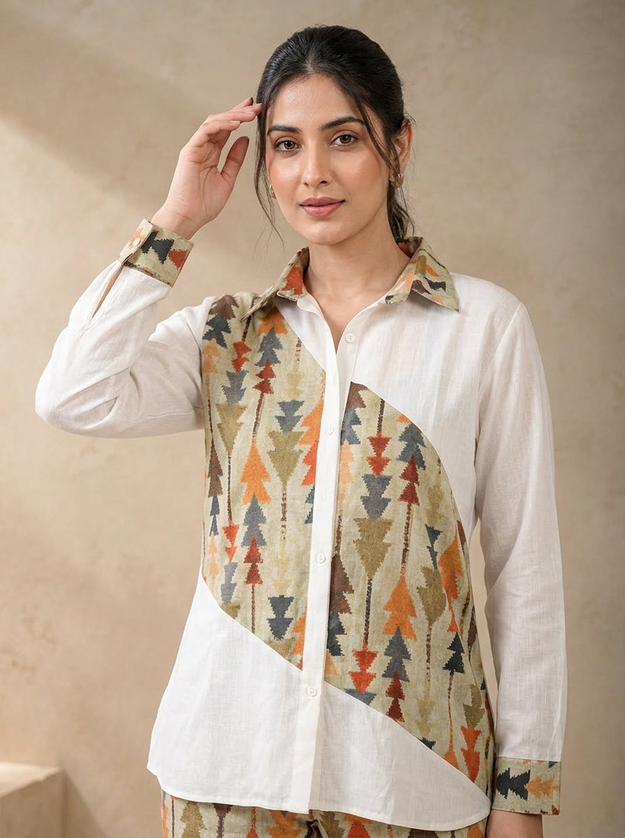 Pista Color Ikkat Print Linen Shirt For Women