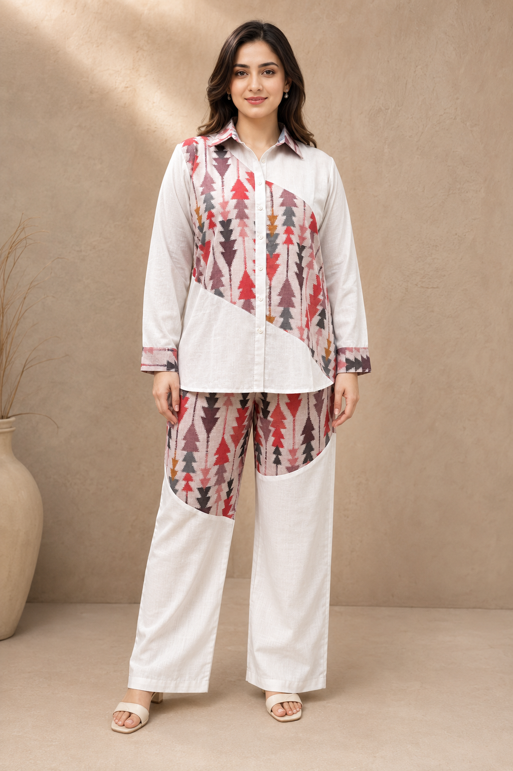 Pink Color ikkat Print Linen Co-Ord Set For Women